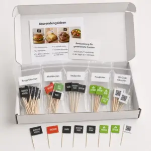 Flyer der Stockflaggen Gastro Musterbox mit Anwendungsideen für Burgerfähnchen, Steakpicker, Foodpicker und QR-Code Fähnchen