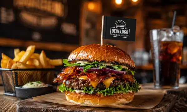 Burger im Burgerladen mit individuell bedrucktem Burgerfähnchen mit Logo