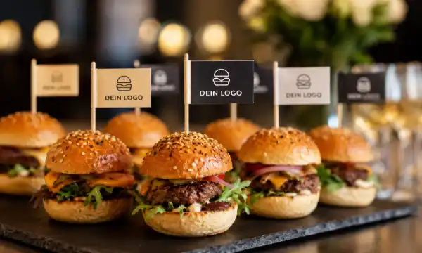 Kleine Burger oder Slider beim Catering mit individuell bedruckten Burgerfähnchen mit Logo