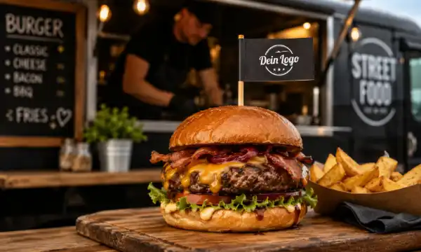 Burger im Foodtruck mit individuell bedrucktem Burgerfähnchen mit Logo
