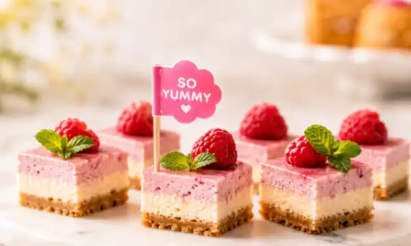 Formgestanztes Minifähnchen farbig bedruckt auf Dessert Häppchen