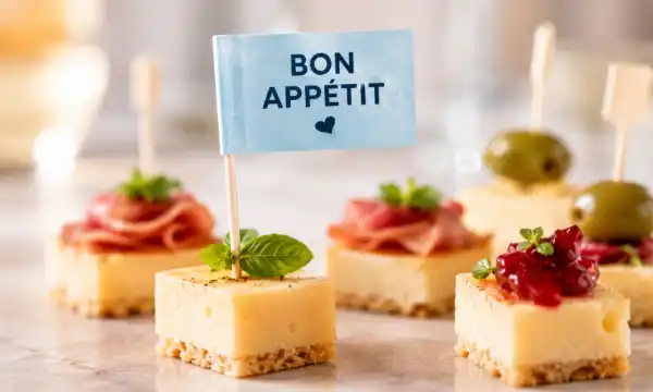 Rechteckiges Minifähnchen farbig bedruckt auf Fingerfood Häppchen