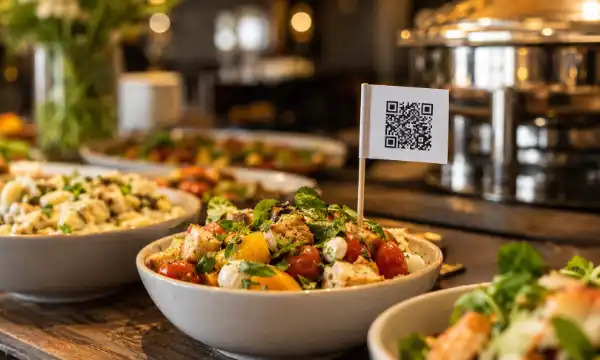 QR-Code Fähnchen an einem Buffet mit Speisen