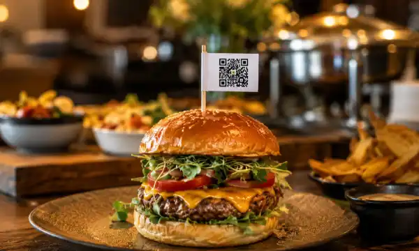 QR-Code Fähnchen an einem Burger im Restaurant