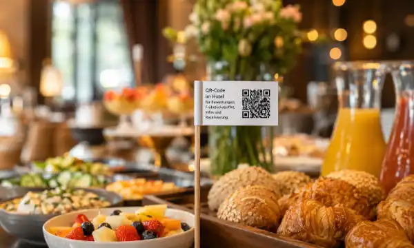 QR-Code Fähnchen am Frühstücksbuffet im Hotel