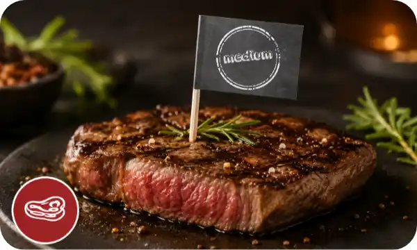Steak meedium gebraten mit Steak Service Fähnchen am Picker