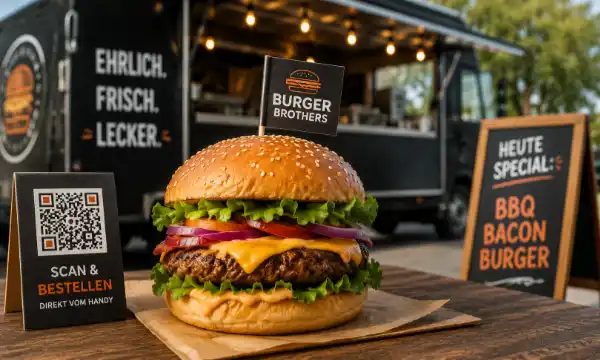 Burger mit Logo-Fähnchen vor einem Foodtruck