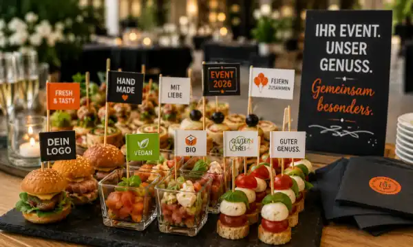 Minifähnchen und Picker auf Fingerfood bei einem Catering-Event