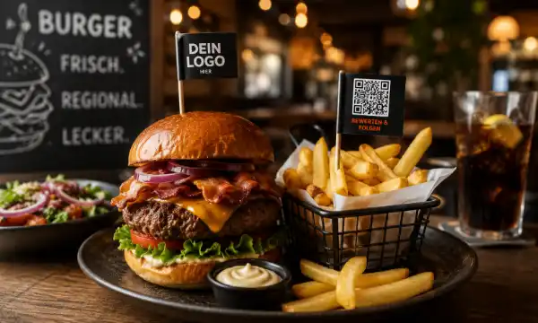 Burgerfähnchen und QR-Code Fähnchen in einem Restaurant