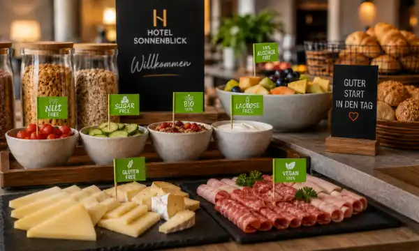 Foodpicker und Minifähnchen auf einem Hotelbuffet