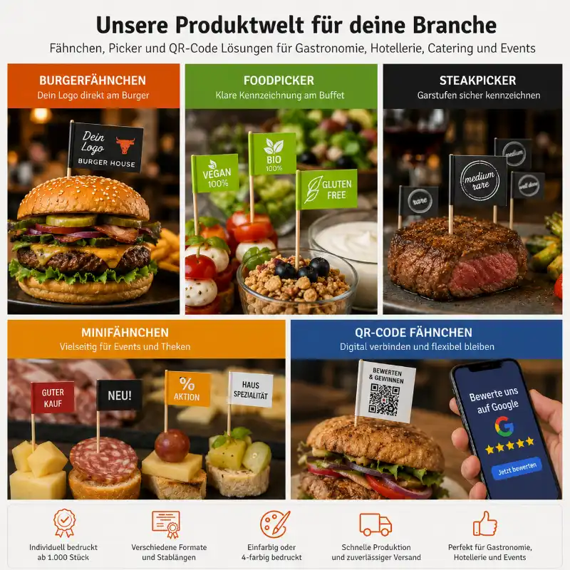 Burgerfähnchen Foodpicker Steakpicker Minifähnchen und QR-Code Fähnchen für verschiedene Branchen