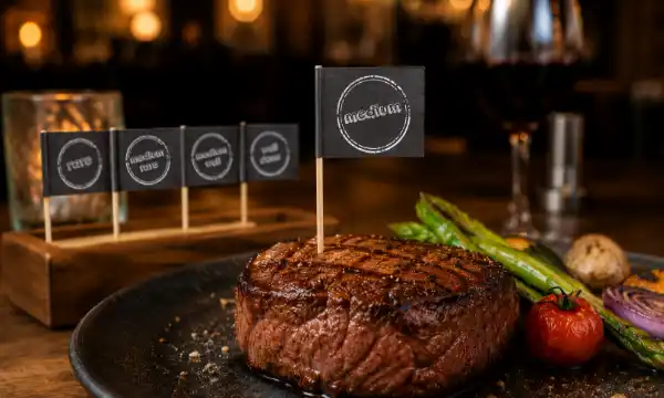 Steak mit Steakpicker zur Garstufenkennzeichnung im Restaurant