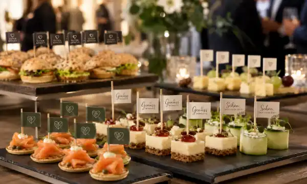 Bedruckte Minifähnchen an Fingerfood bei einem Catering-Event