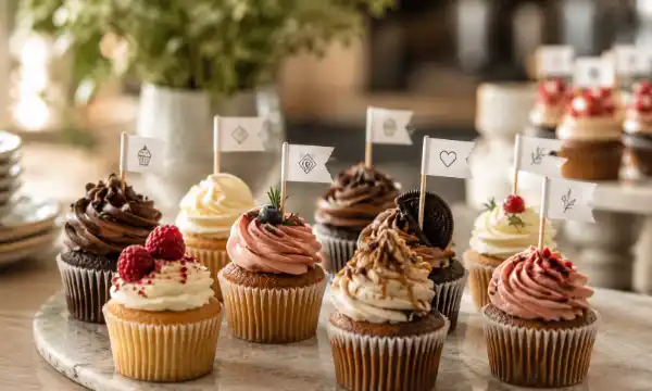 Individuell bedruckte Minifähnchen auf Cupcakes für Firmenfeiern
