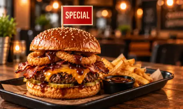 Burger mit Aktionsfähnchen für Monatsburger und Specials