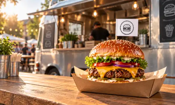 Burger mit Logo-Fähnchen vor einem Foodtruck