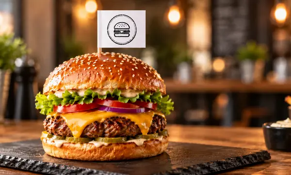 Burger mit Logo-Fähnchen in einem Burgerladen