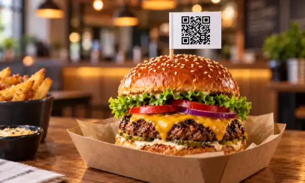 Burger mit QR-Code Fähnchen für Bewertungen und Instagram