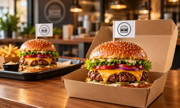 Burgerfähnchen auf Burger im Restaurant und in Verpackung