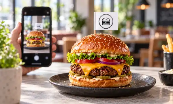 Burger mit bedrucktem Fähnchen als Fotomotiv für Social Media