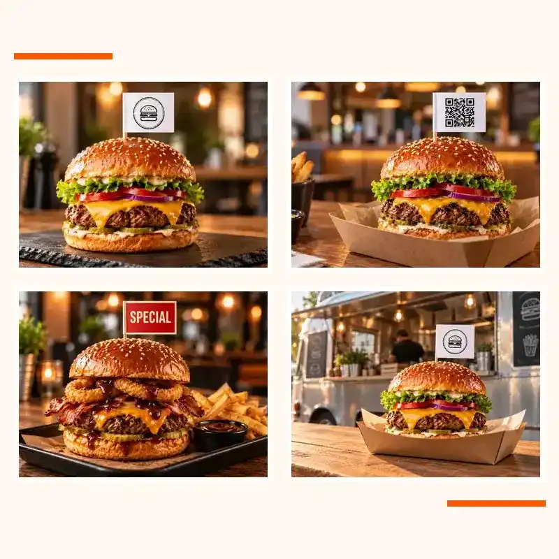 Burgerfähnchen mit Logo QR-Code Aktion und Foodtruck Einsatz für Burgerläden