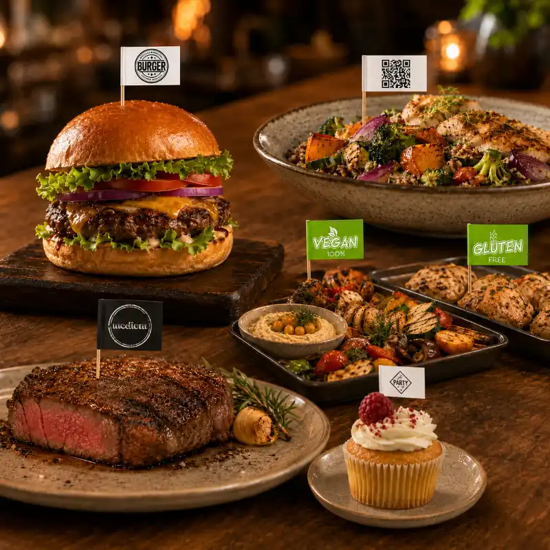 Burgerfähnchen Foodpicker Steakpicker Minifähnchen und QR-Code Fähnchen für Gastronomie