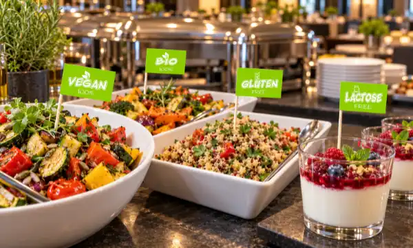 Foodpicker zur Kennzeichnung von Ernährungsformen auf einem Hotelbuffet