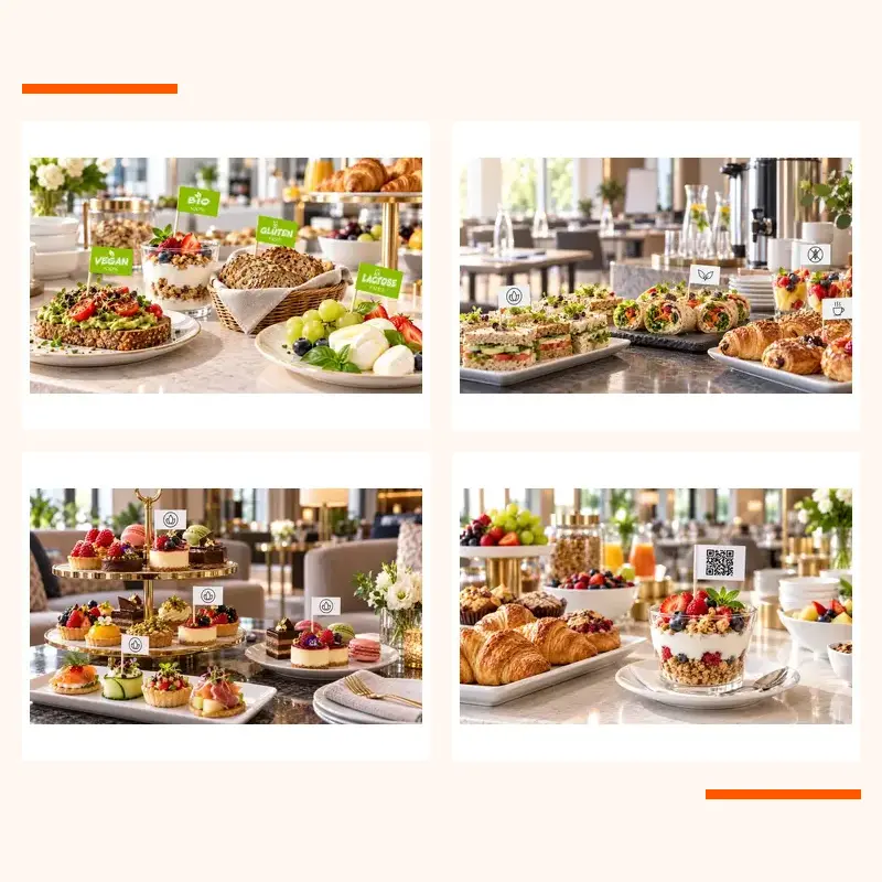 Foodpicker Minifähnchen und QR-Code Fähnchen für Hotels Frühstücksbuffets und Tagungen