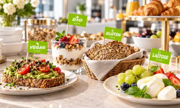 Foodpicker für vegan bio glutenfrei und laktosefrei auf einem Frühstücksbuffet