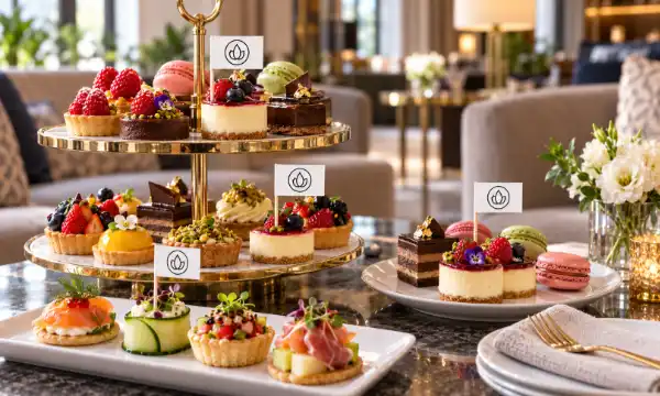 Minifähnchen mit Hotel-Logo auf Snacks und Desserts