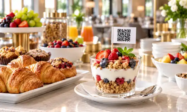 QR-Code Fähnchen am Buffet für Feedback Menü oder Informationen