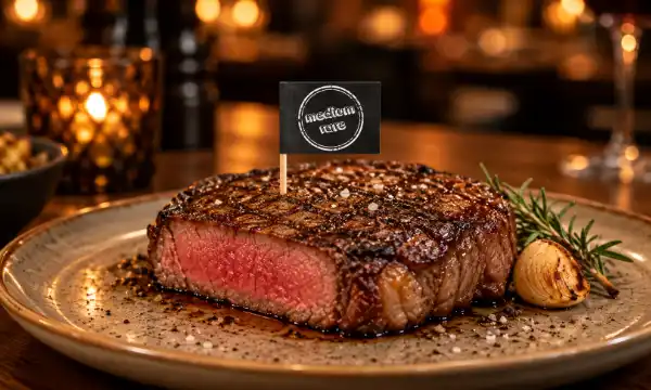 Steak mit Steakpicker Medium Rare im Steakrestaurant
