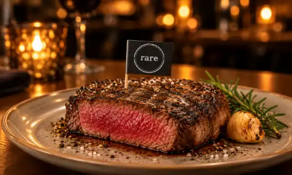 Steak mit Steakpicker Rare im Steakrestaurant